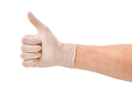 Male hand in white medical glove isolated on white backgroundの写真素材