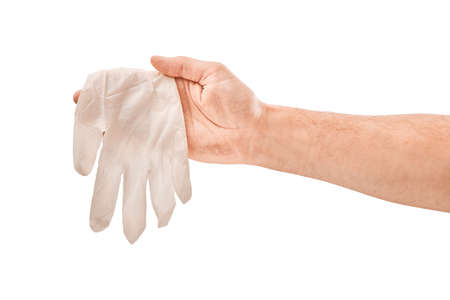 Male hand in white medical glove isolated on white backgroundの写真素材