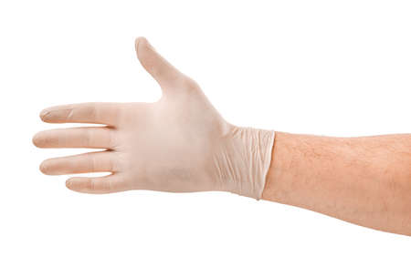 Male hand in white medical glove isolated on white backgroundの写真素材