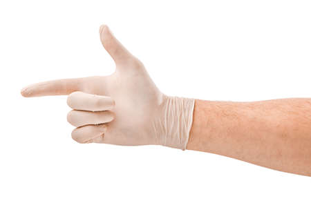 Male hand in white medical glove isolated on white backgroundの写真素材