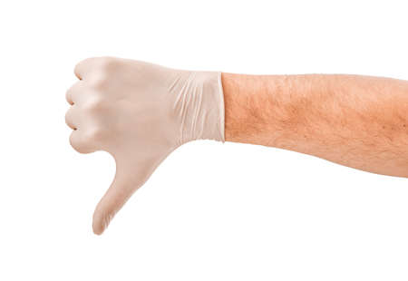 Male hand in white medical glove isolated on white backgroundの写真素材