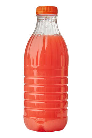 Bottled fruit juice isolated over white background Close upの写真素材
