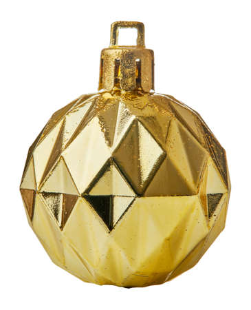Golden Christmas ball hanging on white background isolatedの写真素材