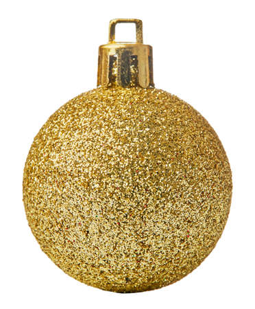 Golden Christmas ball hanging on white background isolatedの写真素材