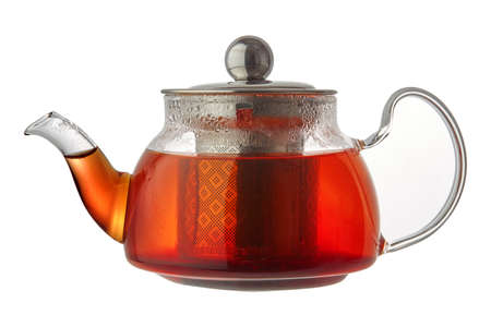 Teapot with black tea isolated on white backgroundの写真素材