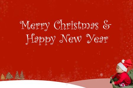 lovely baby and red merry Christmas background with snow flakesの写真素材