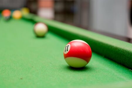 snooker table with billiard ballsの写真素材