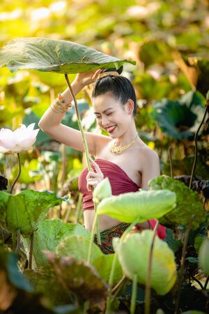 Asian woman collecting lotus flowers and she wear Traditional Thai dresses, Thailandの写真素材