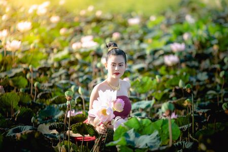 Asian woman collecting lotus flowers and she wear Traditional Thai dresses, Thailandの写真素材