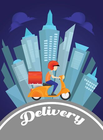 delivery man service by scooter in background vectorのイラスト素材