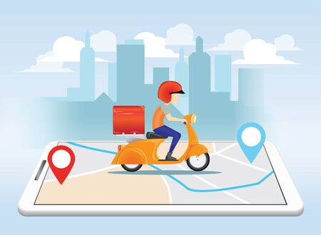 delivery man service by scooter in background vectorのイラスト素材