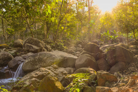 Sunlight effects on waterfall rocksの写真素材