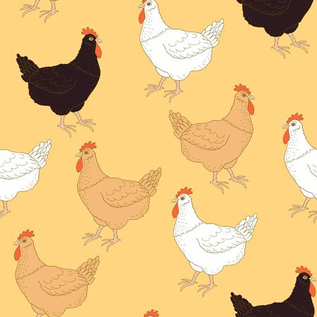 Hand drawn seamless pattern with different colored chickens on yellow background. Rural natural bird farming. Illustration for textile, paper, cards, book, web design, banner.のイラスト素材