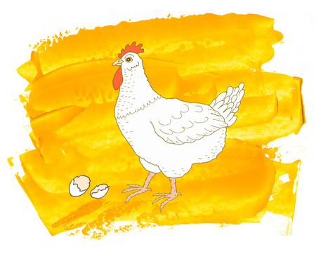 White chicken with eggshell on yellow watercolor texture background. Abstract acrylic illustration. Oil hand paint spot with stains and strokes. Happy easter design greeting card.の写真素材