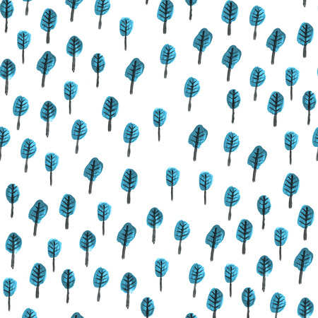 Blue and black watercolor naive simple hand paint tree seamless pattern isolated on white background. Illustration for print, fabric textile, design greeting cards. Repeat ornament texture.の写真素材