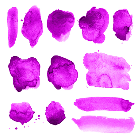 Set of magenta, pink, purple, lilac watercolor hand painted texture backgrounds isolated on white. Abstract collection of acrylic dry brush strokes, stains, spots, blots, lines. Creative grunge makeup frame, illustration, drawing.の写真素材