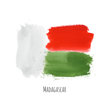Madagascar watercolor national country flag icon. Hand drawn illustration with colorful dry brush stains, strokes and spots isolated on white background. Painted grunge style texture for posters, banner design.の写真素材