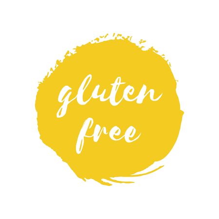 Gluten free round sign. Vegan, eco, bio, raw, organic yellow design template. Healthy food badge, tag for cafe, package. Hand drawn lettering card, watercolor ink dry brush stroke. Vector logo, stamp.のイラスト素材