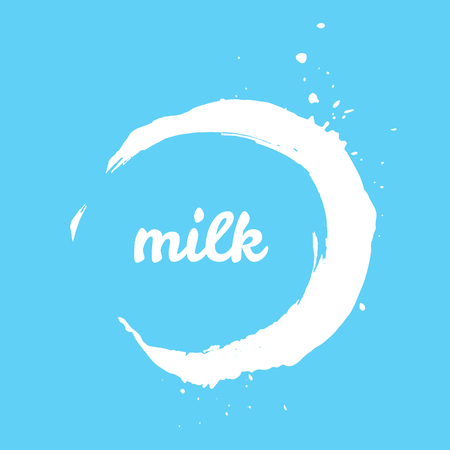 Dairy milk semicircle splash abstract logo. Organic design template, healthy food stamp, tag for cafe, market, package. Hand drawn lettering card, watercolor ink dry brush stroke. Vector label, sign.のイラスト素材