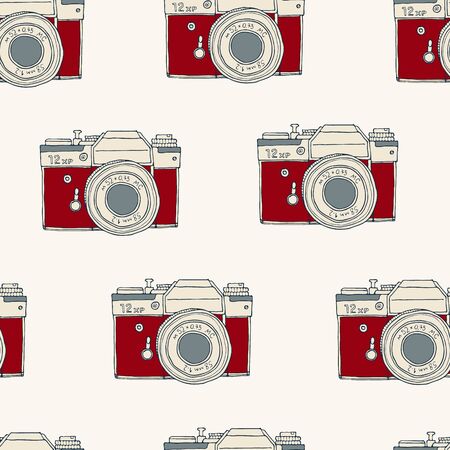 Seamless pattern with vector retro hand drawn sketch hipster photo camera and stars. Vintage kids illustration for design, print for t-shirt, poster, card, wrapping paper. のイラスト素材