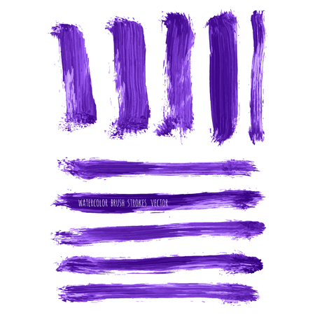 Set of vector ultra violet, purple watercolor hand painted gradient stripes isolated on white. Abstract collection of fluid ink, acrylic dry brush strokes, stains, spots, geometric horizontal lines.のイラスト素材