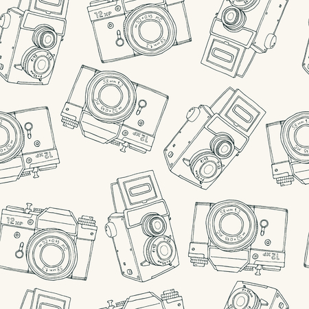Seamless pattern with old vector retro hand drawn sketch hipster photo camera. Vintage doodle kids illustration for design, print for t-shirt, poster, card, wrapping paper. Twin lens. Minimalism.のイラスト素材