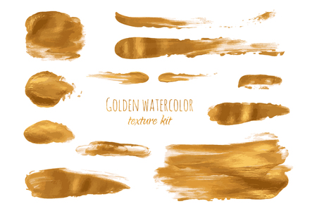 Golden vector hand paint ink texture background, watercolor dry brush stains, strokes, spots, smudge isolated on white. Abstract mixed fluid art. Illustration for wedding invitation, greeting card.のイラスト素材