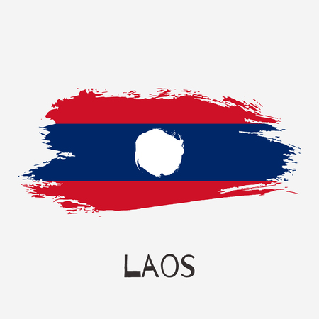 Laos vector watercolor national country flag icon. Hand drawn illustration with dry brush stains, strokes, spots isolated on gray background. Painted grunge style texture for posters, banner design.のイラスト素材