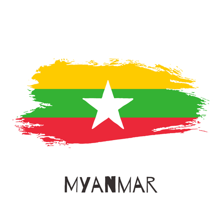 Myanmar vector watercolor national country flag icon. Hand drawn illustration with dry brush stains, strokes, spots isolated on white background. Painted grunge style texture for poster, banner designのイラスト素材
