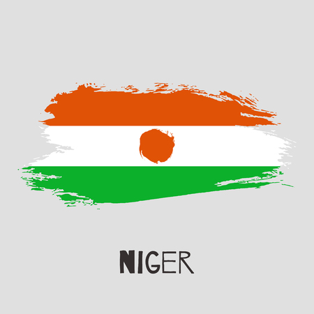 Niger vector watercolor national country flag icon. Hand drawn illustration with dry brush stains, strokes, spots isolated on gray background. Painted grunge style texture for posters, banner design.のイラスト素材
