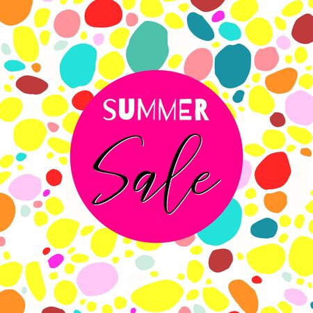 Summer sale lettering inscription. Vector hand drawn watercolor ink doodles bubble texture background logo. Grunge painted calligraphy frame template, dry brush stains, strokes, splash, blots, smudge.のイラスト素材