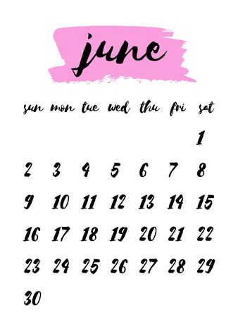 Hand written ink calendar template 2019 year, June. Watercolor painted header with brush strokes, stains, splash, pink, fuchsia background. Week starts Sunday. Blank sheets paper, binder concept.のイラスト素材