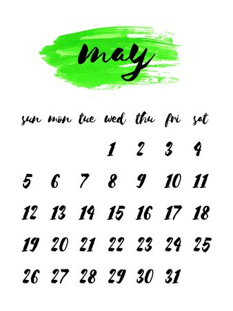 Hand written ink calendar template 2019 year, may. Watercolor painted header with brush strokes, stains, splash, lime green background. Week starts Sunday. Blank sheets paper, binder concept.のイラスト素材
