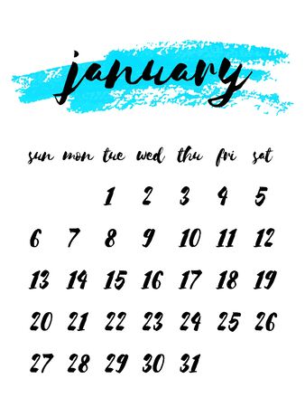 Hand written ink calendar template 2019 year, january. Watercolor painted header with brush strokes, stains, splash, turquoise blue background. Week starts Sunday. Blank sheets paper, binder concept.のイラスト素材