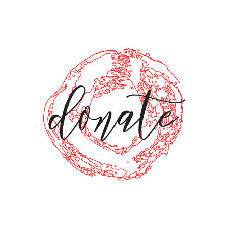 Donate. Donor day motivation poster, blogging video cover, sticker for social media content. Lettering on hand paint bloody red watercolor background. Ink acrylic dry brush stains, stroke, splash.のイラスト素材