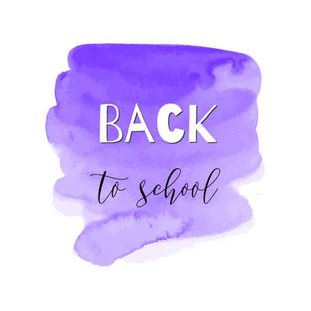 Back to school ink watercolor purple, violet splash blots badge. Autumn vector tag, dry brush stroke pattern, university, stamp. Calligraphic hand written design label, typography, lettering.のイラスト素材