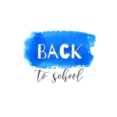 Back to school ink watercolor navy turquoise blue splash blots badge. Autumn vector tag, dry brush stroke pattern, university, stamp. Calligraphic hand written design label, typography, lettering.のイラスト素材