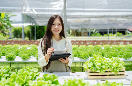 Asian young woman Gardener holding vegetable basket in greenhouse garden, Owner working in...