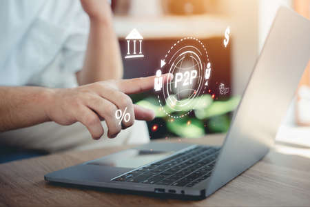 Peer-to-peer (P2P) lending transactions between individuals through an online platform. No need to go through banks or financial institutions, marketplace connecting borrowers around world.の写真素材