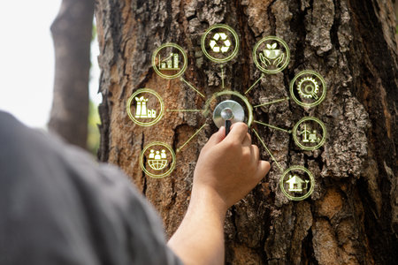 Take care tree health Net zero carbon neutral greenhouse gas emissions zero CO2 long-term strategy goals circular economy and renewable energy. Grow a sustainable business and improve the environment.の写真素材