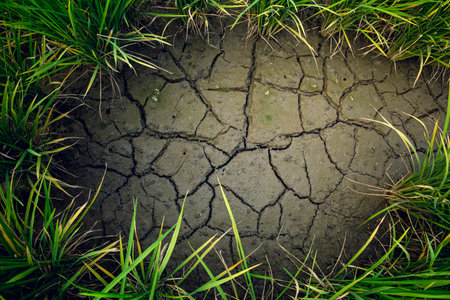 Rice grains grow on cracked soil behind global warming. Changing seasons, environment, farming with a frame of green rice plants. Leave free space in the middle for text.の写真素材