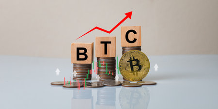 A visual representation of Bitcoin's growth, featuring stacks of coins and a rising trendline,...