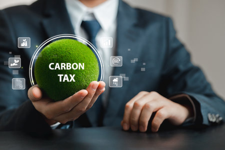 A businessman holds a green sphere symbolizing carbon tax, encapsulating themes of finance, environment, and sustainable practices in a corporate setting.の写真素材