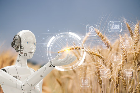 Smart virtual artificial intelligence (AI) robot is inspecting a barley field in soil plant quality analysis and control digital, agriculture Smart agricultural farming concepts and innovations.の写真素材