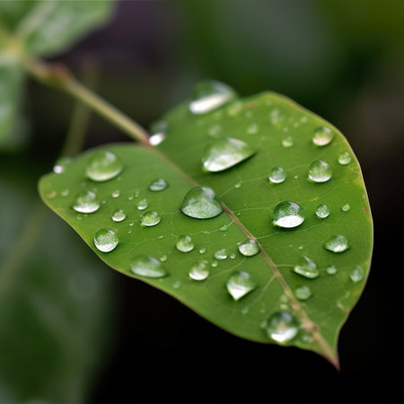 Green leaf with water drops close up. Natural background. Selective focus.の素材