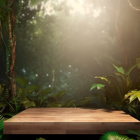Wooden table in the jungle. 3d rendering. Mock up.の素材