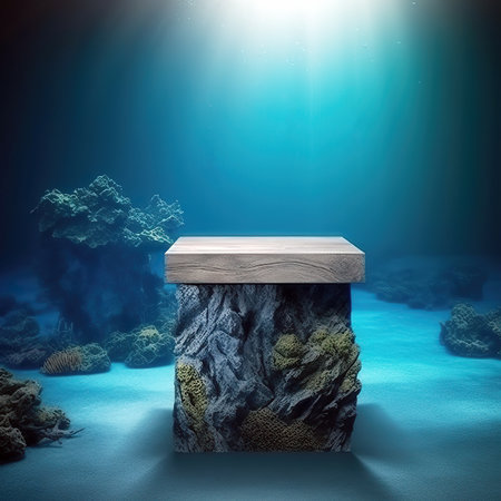 Wooden pedestal in the sea. 3d render illustration.の素材