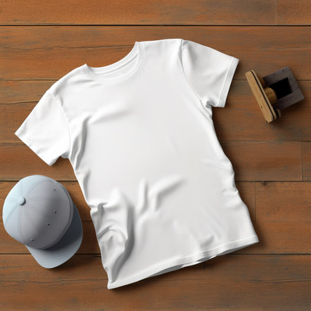 White t-shirt and cap on wooden background. 3d renderingの素材