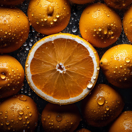 Fresh oranges with water drops on a dark background. Top view.の素材