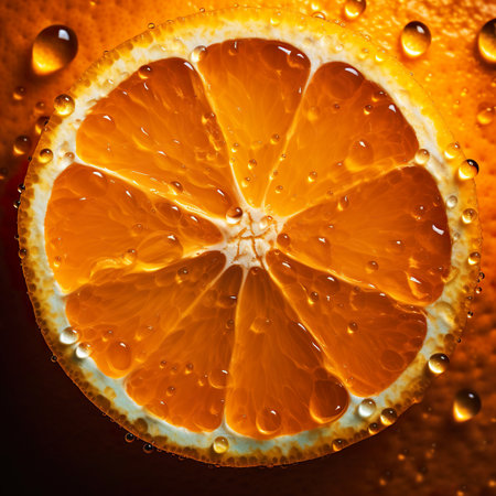 Orange slice with water drops on a dark background. Close up.の素材